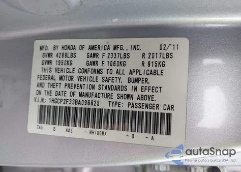 2011 Honda Accord 2.4 Lx из США, поврежденный, VIN 1HGCP2F33BA096825